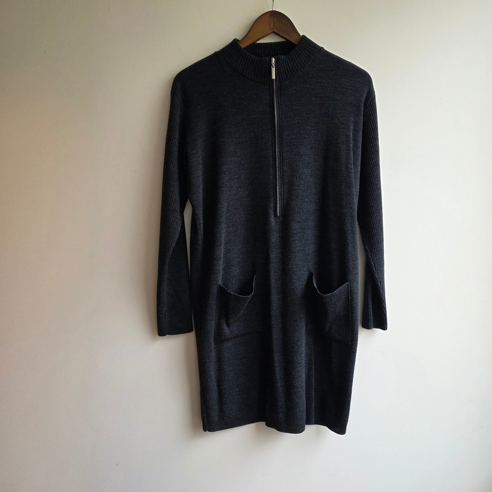 Karen Lessly Womens Charcoal Gray Quarter Zip Knit Tunic Sweater Dress Office